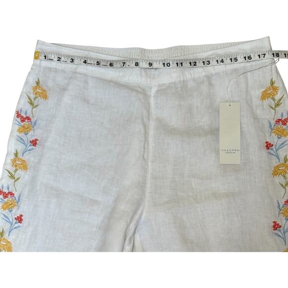 CALYPSO St. Barth Linen Wide Leg Pants White Floral Embroidered Boho Size L - Picture 5 of 8
